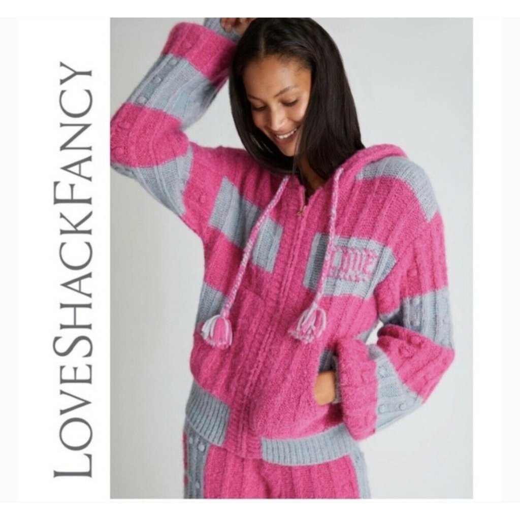 Loveshackfancy Pink Gray Alpaca Wool Tirzah Zip-Up Hoodie Jacket S New